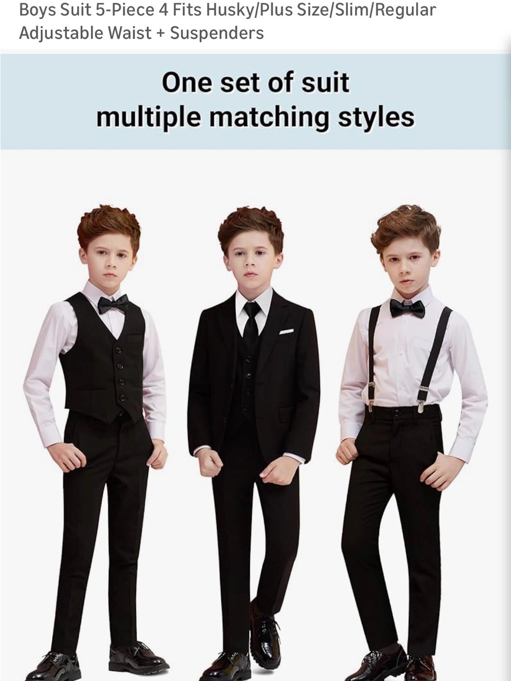 Size 5- Boys Classic Slim Black 3-Piece Suit Set